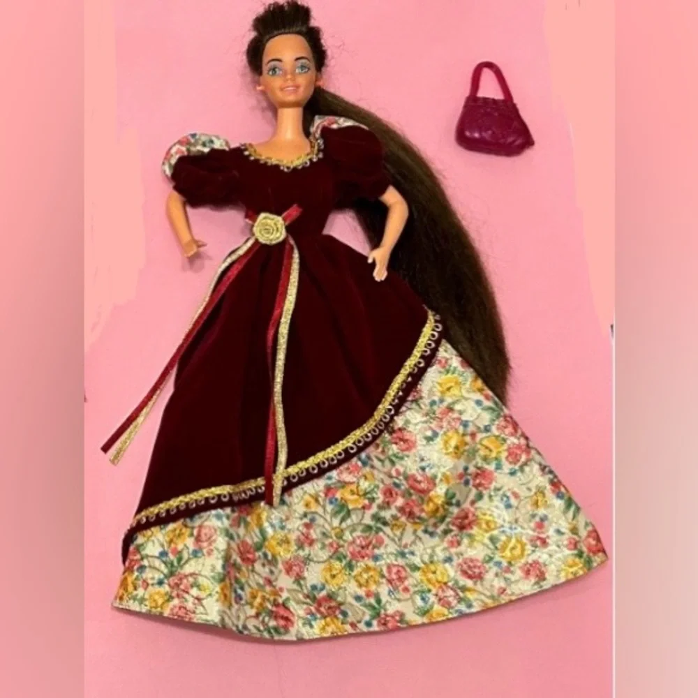 Mattel Long Brown Hair, Fancy Flowered Velvet Dress with Purse, Barbie Doll - Picture 3 of 3
